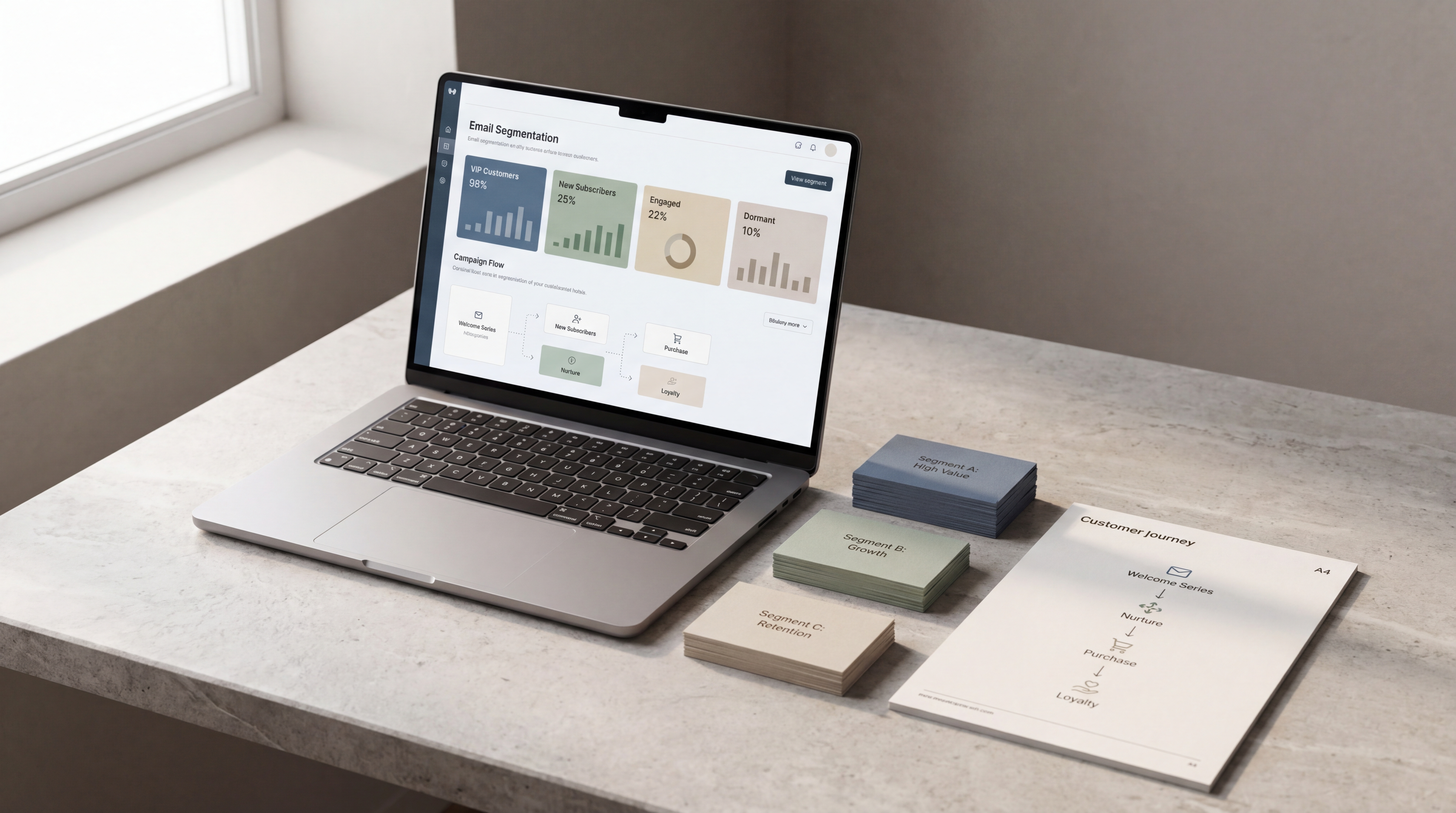 Premium email segmentation setup with audience group cards, campaign planning materials and a clean email interface.