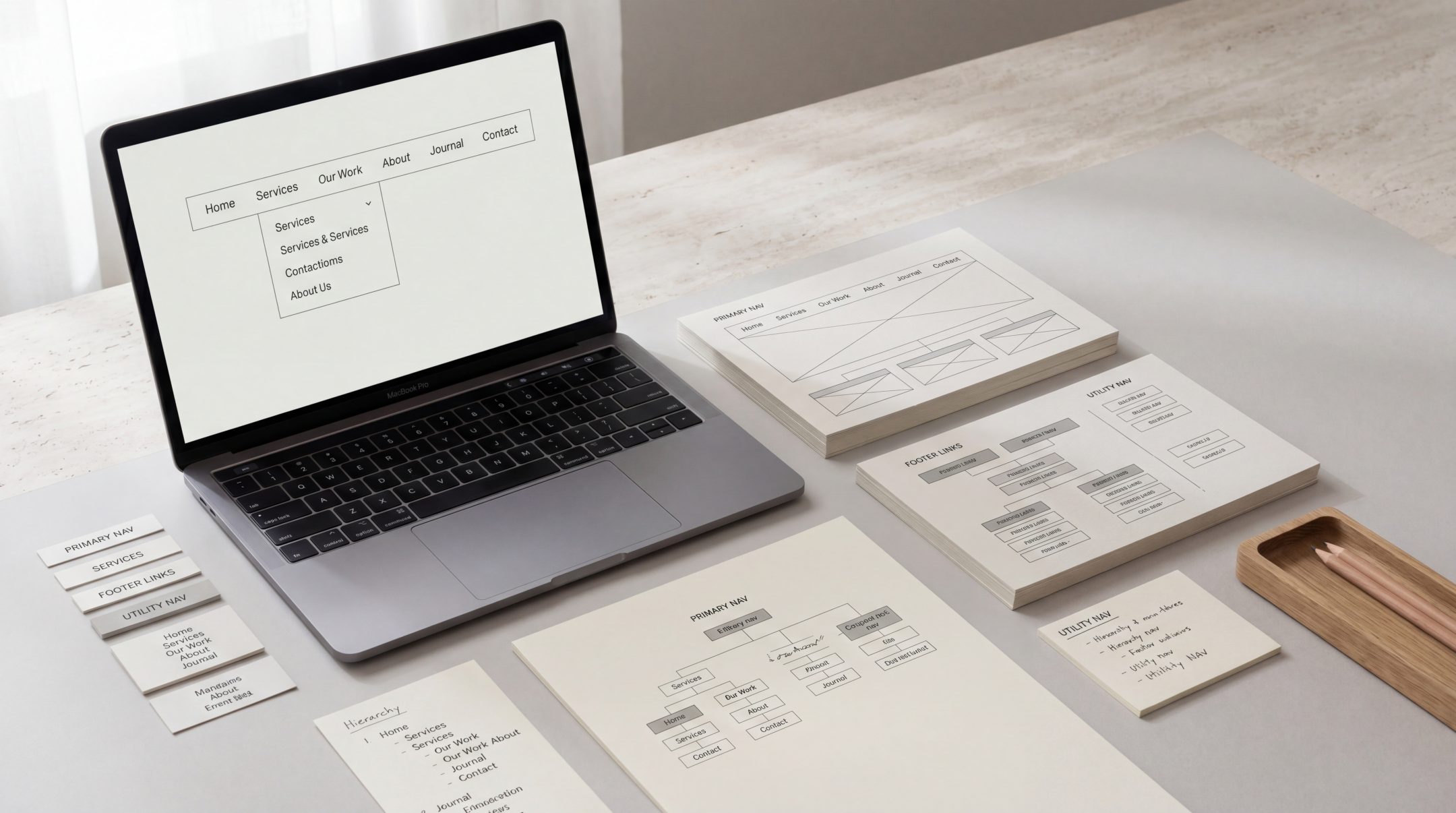 Premium website navigation setup with sitemap cards, menu structure notes and a clean website interface.