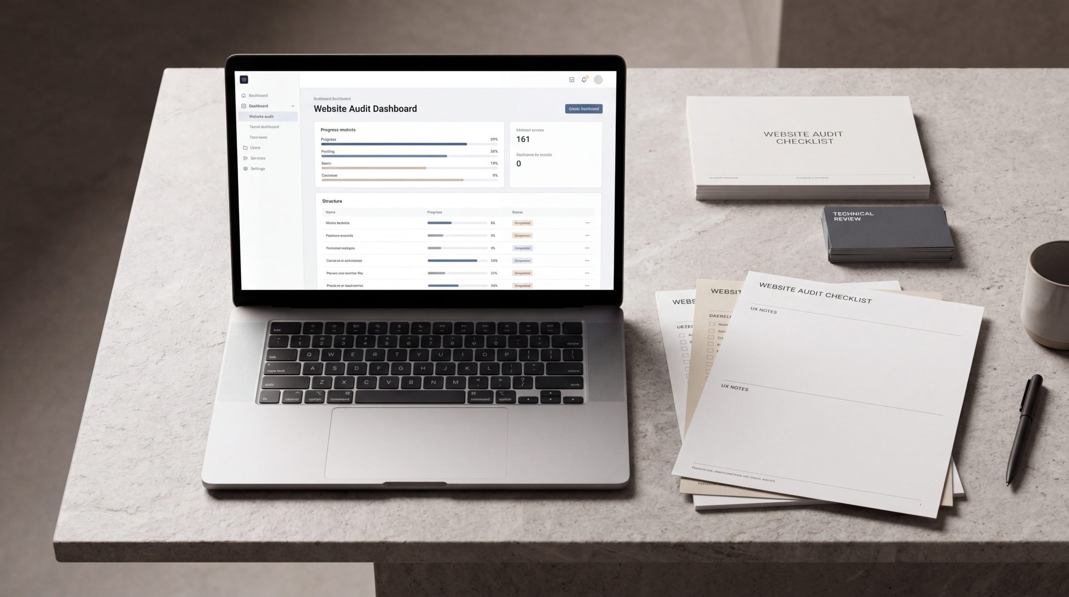 Premium website audit checklist setup with website review sheets, UX notes and technical audit materials.