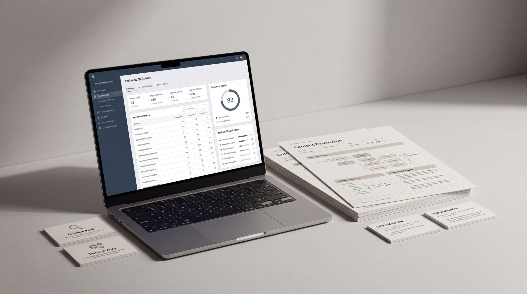 Clean SEO audit vs content audit setup with technical review dashboard and content evaluation materials.