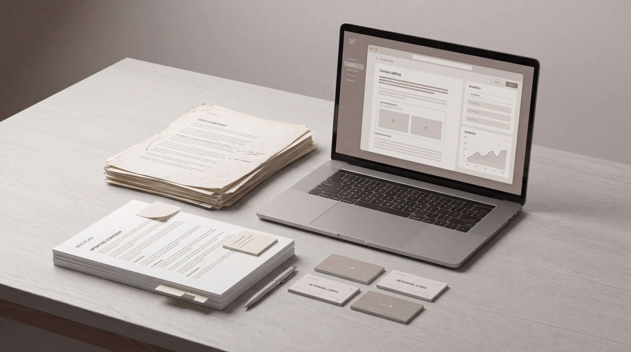 Premium content refresh strategy setup with updated content sheets, SEO notes and a clean digital content interface.