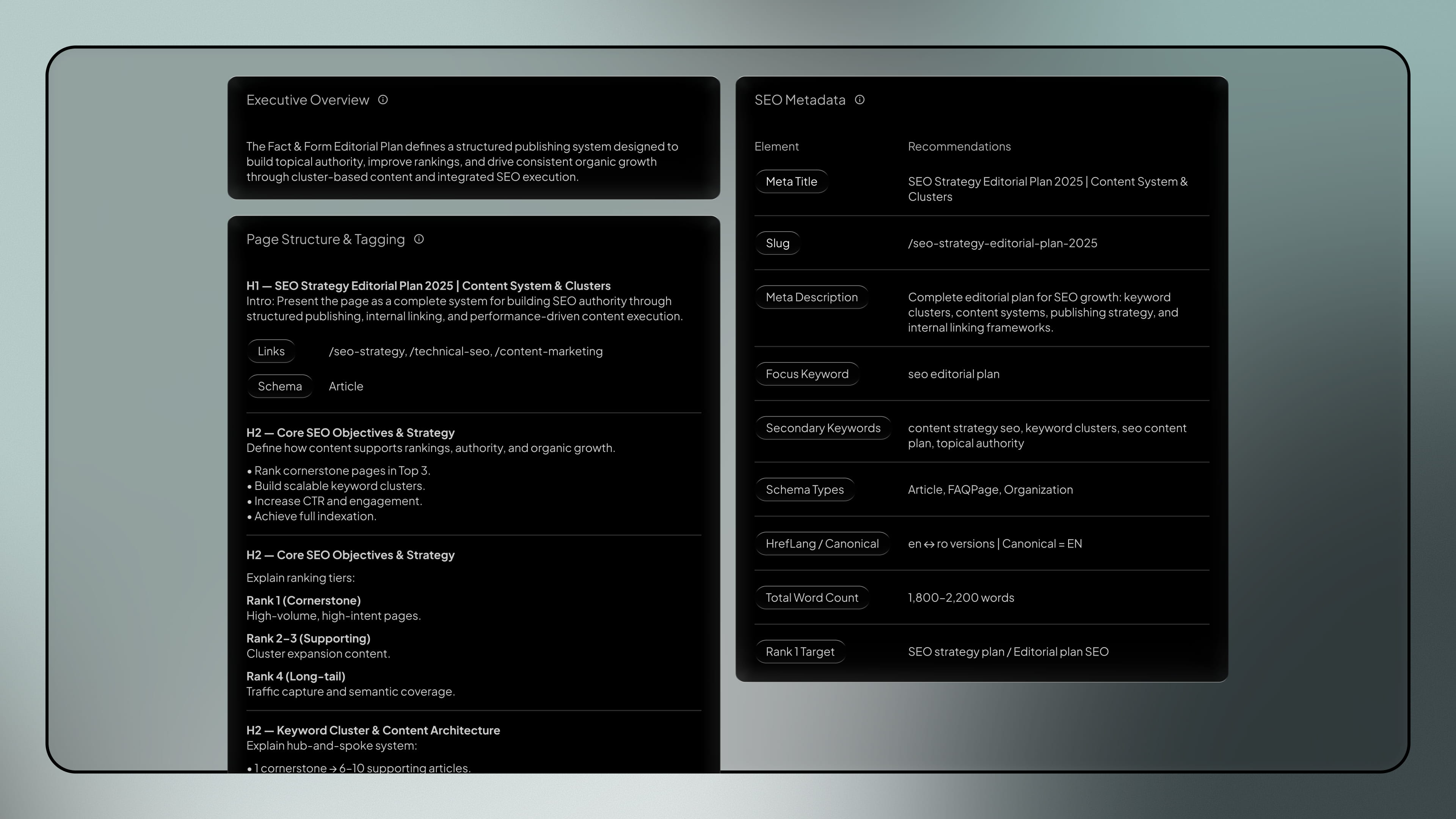 Editorial Plan - SEO service by Fact & Form brand and marketing studio (mobile view)