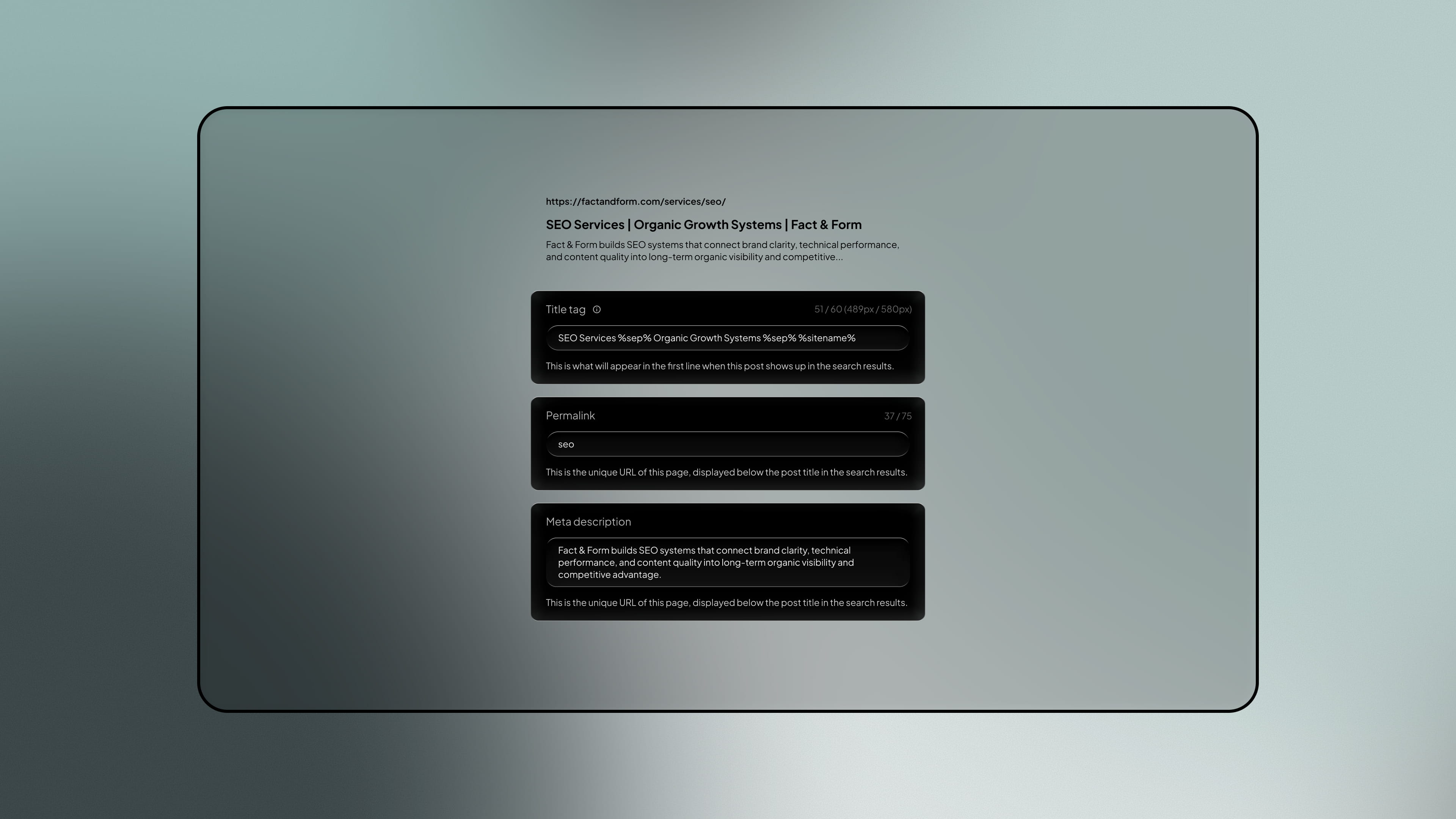 Implementation - SEO service by Fact & Form brand and marketing studio