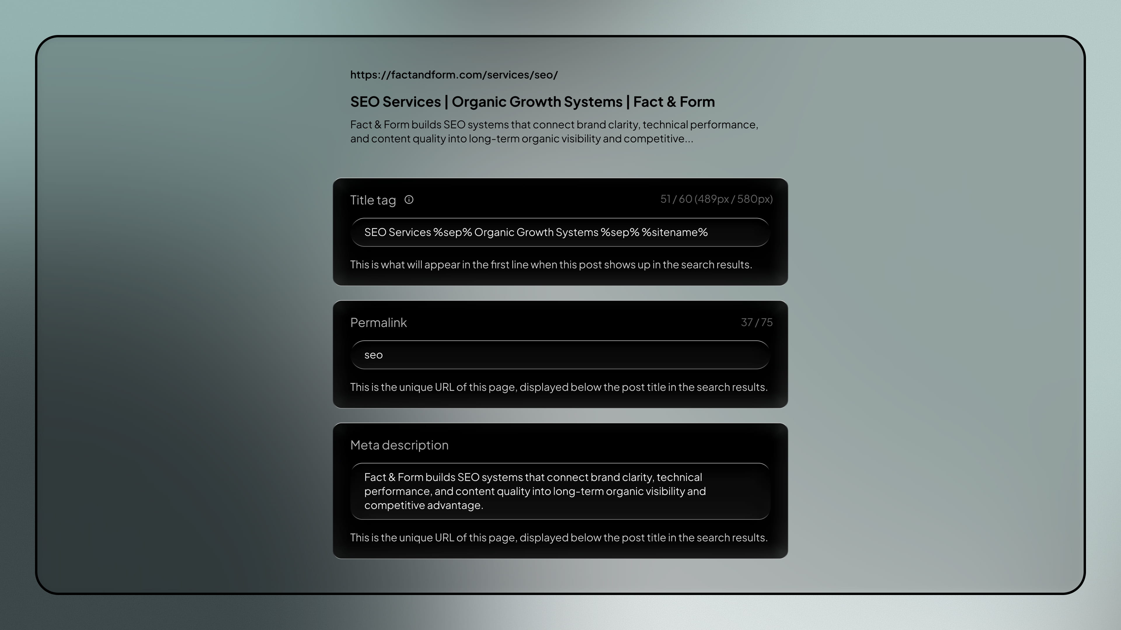 Implementation - SEO service by Fact & Form brand and marketing studio (mobile view)